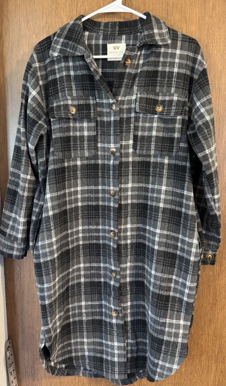 Panache Apparel Long Plaid Lightweight Button Front Jacket shacket sz small